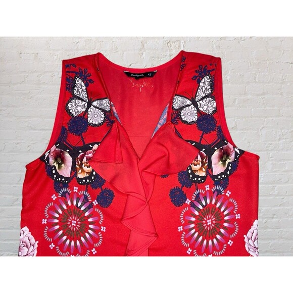 Desigual Y2K Butterflies Ruffle Tank Top Womens XS Red Shell Artsy Elegant Roses - Picture 8 of 12